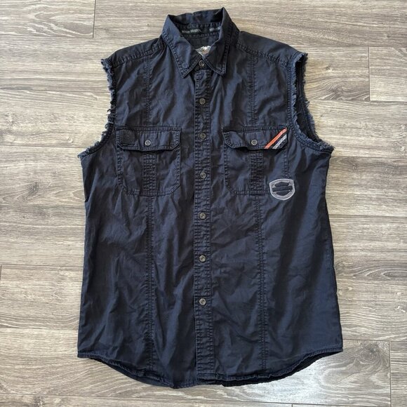 Harley Davidson Shirt Mens M Black Pockets Biker Tank Cut Off Distressed Logo - Picture 1 of 15